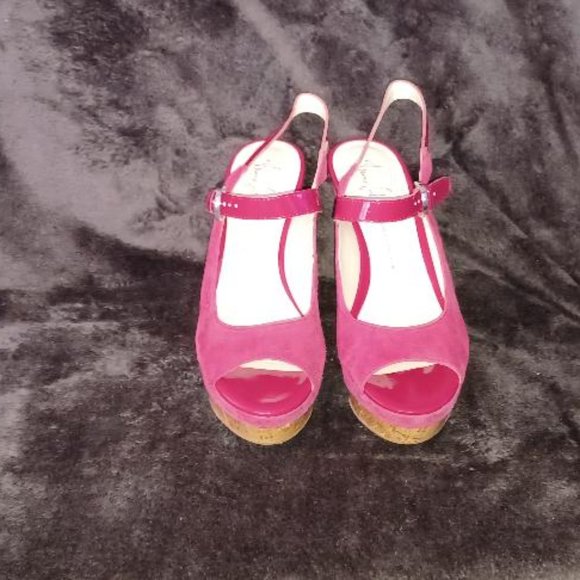 Cherry Red Suede Franco Sarto Cork Wedge Heels - Picture 4 of 7